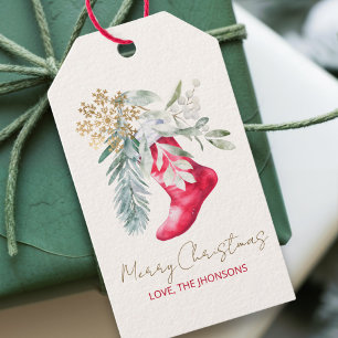 Name Watercolor Elegant Stocking Script Holiday Gift Tags