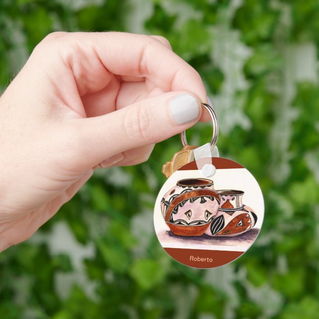 Name Watercolor-Look Native American Pottery Art  Keychain (Hand)
