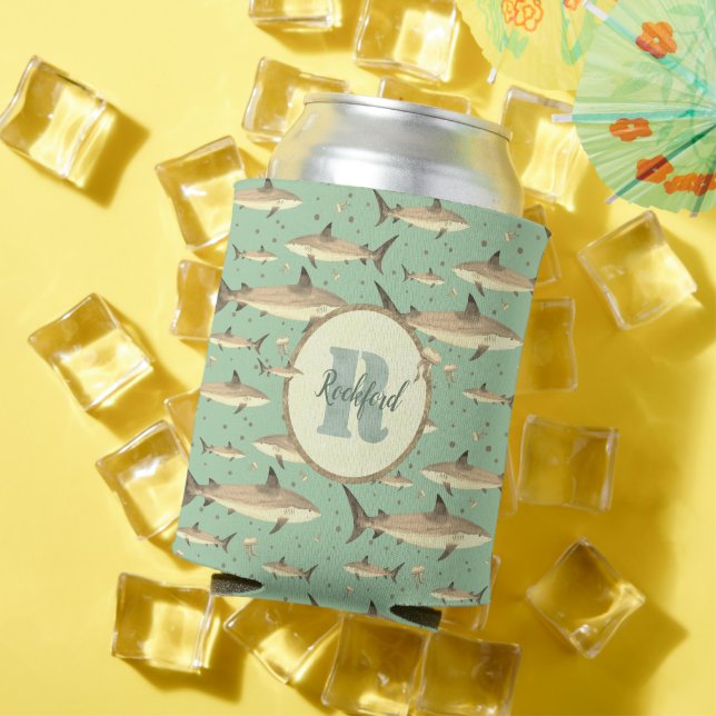 Name + Watercolor Monogram 🌊🐋 Green Shark  Can Cooler (In Situ Summer)