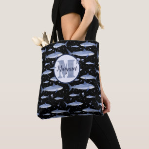 Name + Watercolor Monogram Shark Jellyfish   Black Tote Bag
