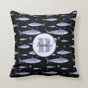 Name + Watercolor Monogram Shark Jellyfish Pattern Throw Pillow