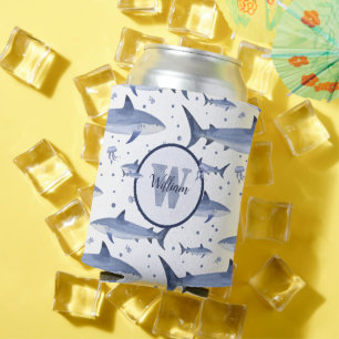 Name + Watercolor Monogram Shark Jellyfish White Can Cooler