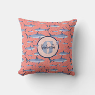 Name + Watercolor Monogram Shark Pattern   Coral Throw Pillow