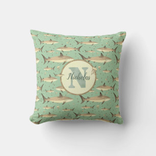 Name + Watercolor Monogram Shark Pattern Green Throw Pillow