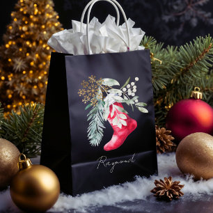 Name Watercolor Script Elegant Stocking Christmas Medium Gift Bag