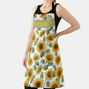 Name Watercolor Sunflower Floral Pattern Custom Apron