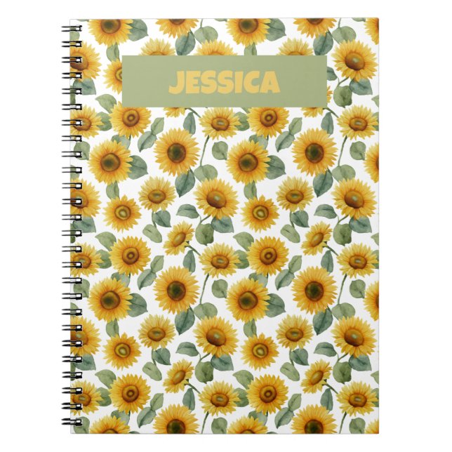 Name Watercolor Sunflower Floral Pattern Custom Notebook (Front)