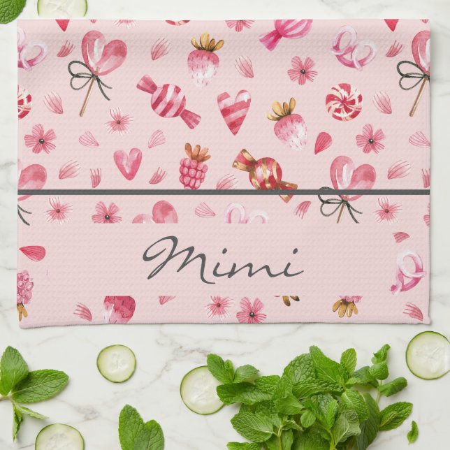 Name, Watercolor Valentine Candy Pattern Kitchen Towel (Folded)