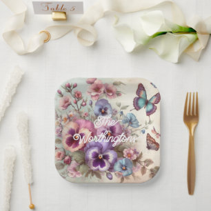 Name Watercolor Vintage Pansies Flowers Pastels Paper Plate