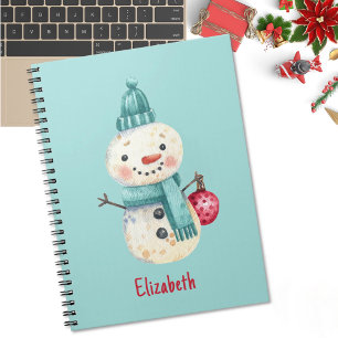 Name, Watercolor Whimsical Snowman Winter 6.5x8.75 Notebook