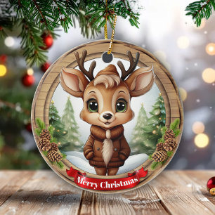 Name Whimsical Reindeer Rustic Holiday Tree 🦌🎄 Ceramic Ornament