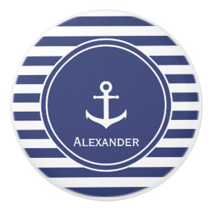 Name   White Anchor in Dark Blue Circle on Stripes Ceramic Knob