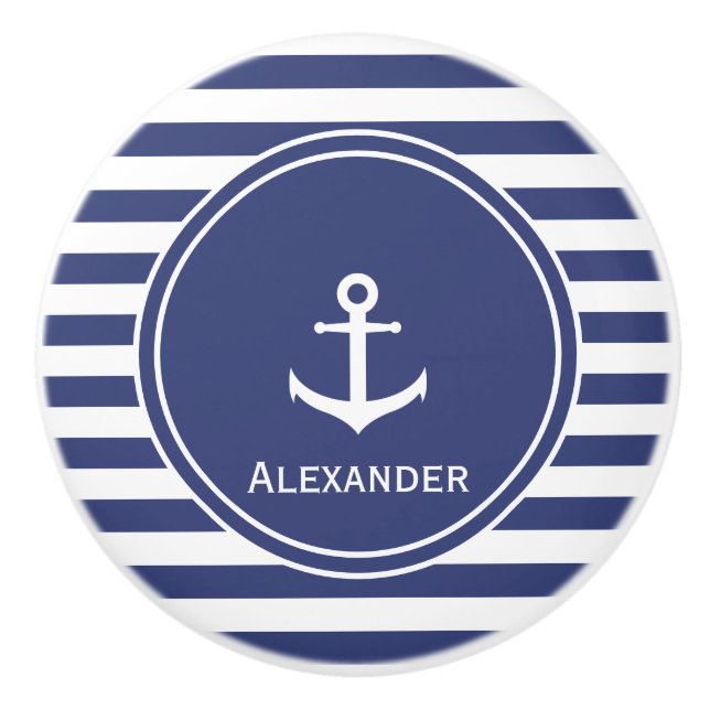 Name | White Anchor in Dark Blue Circle on Stripes Ceramic Knob (Front)