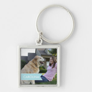 Name White Blue Banner Personalized Photo Keychain