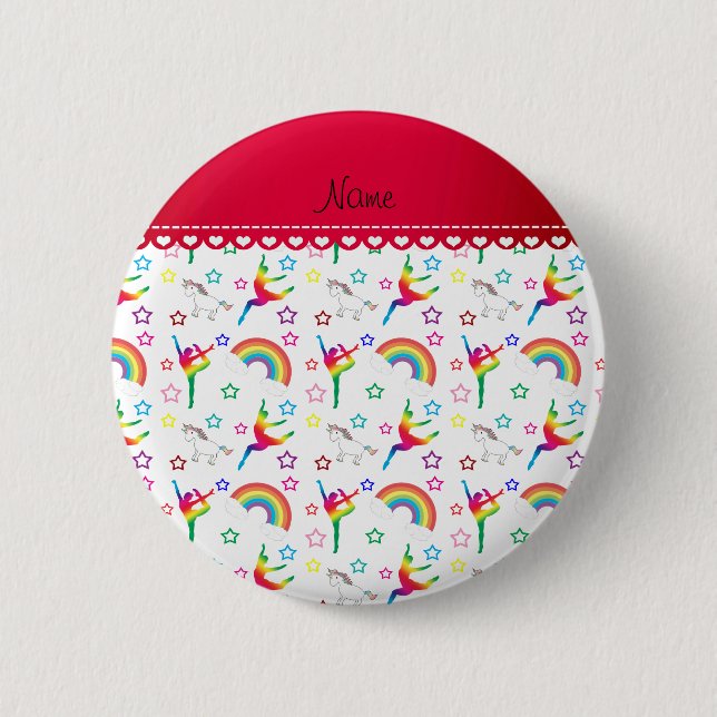 Name white gymnastics rainbows unicorns 2 inch round button (Front)