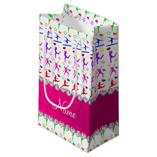 Name white pink rainbow gymnastics hearts stars small gift bag