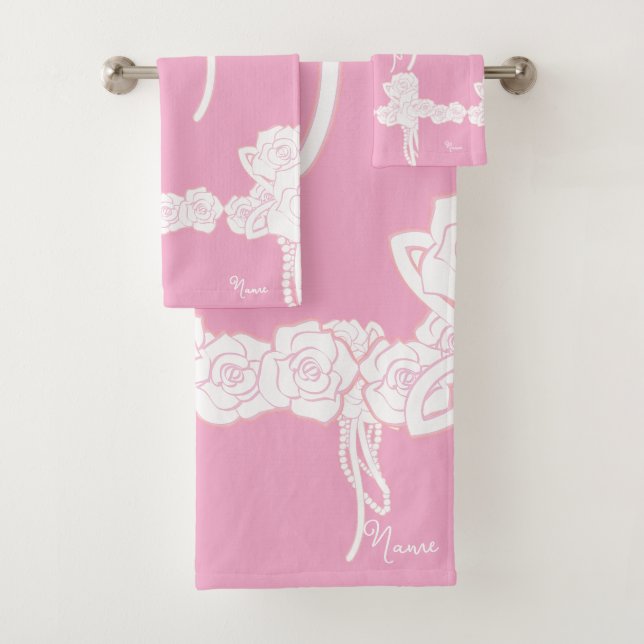 Name White Roses Pink Gift  Bath Towel Set (Insitu)