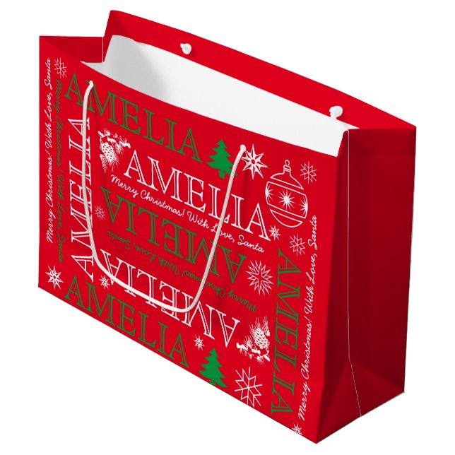 Name with 6 Letters Red Green Christmas Pattern Large Gift Bag (Front Angled)