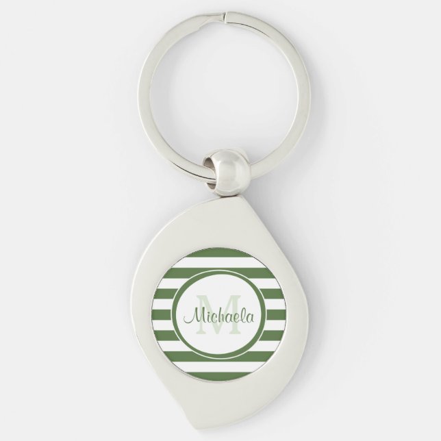 Name With Contemporary Even Green White Stripes Keychain (Front)