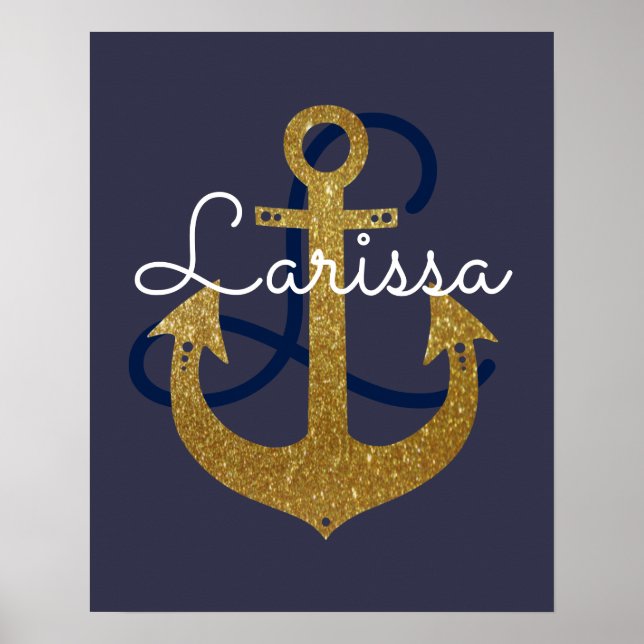 name with initial, nautical golden anchor, girly poster (Front)