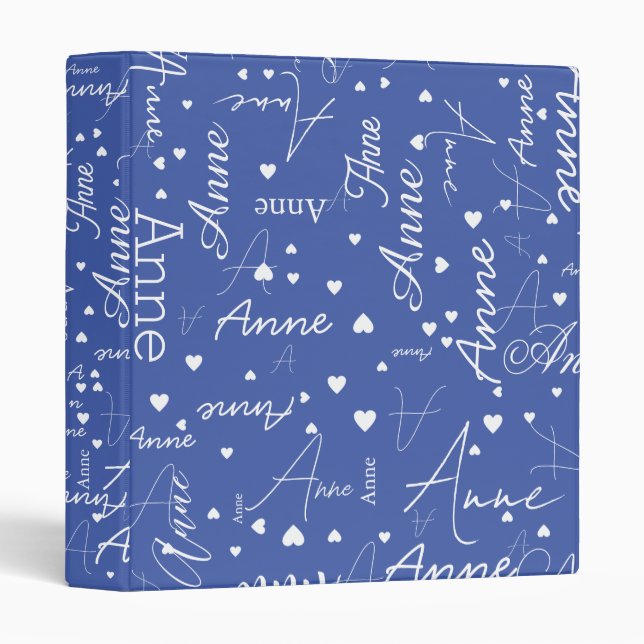 Name with White Hearts all over Medium Blue Binder (Front/Spine)