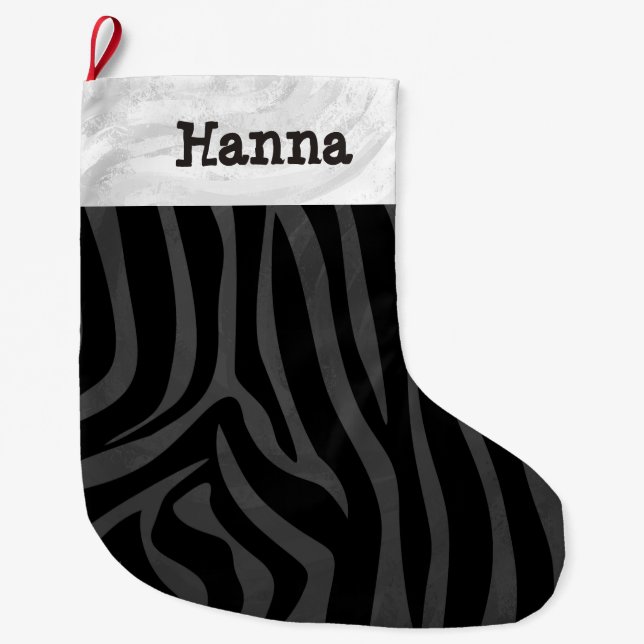 Name with Zebra Black and Grey Large Christmas Stocking (Front)