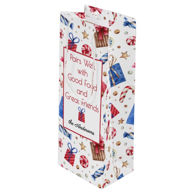 Name, Wrapped Packages & Sweets Holiday Wine Gift Bag (Front Angled)