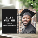 Name year 2024 school modern black graduation plaque<br><div class="desc">Photo plaque featuring your custom photo and a black panel to the left with the graduate's name in a modern college sports style font.</div>