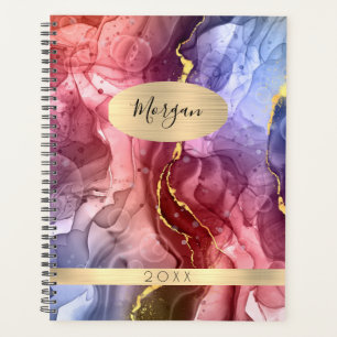 Name & Year, Red, Blue & Gold Ink Abstract Planner