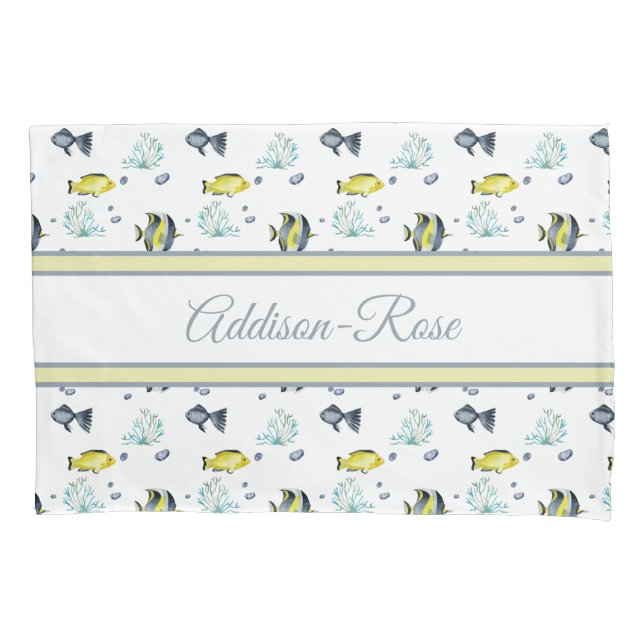 Name Yellow Blue Tropical Fish Pattern Nursery Pillowcase (Front)