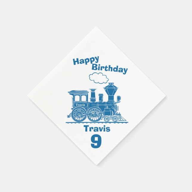 Named blue train boys 9th birthday napkins (Corner)