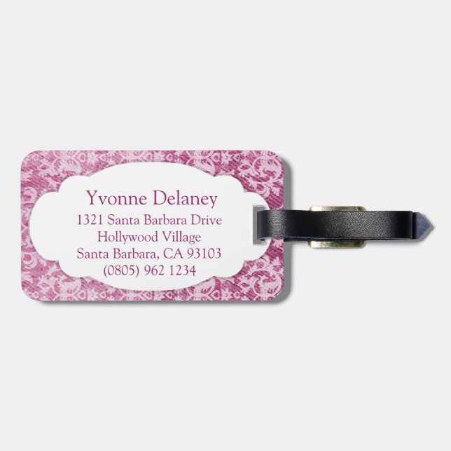 Named damask denim plum luggage tag (Back Horizontal)