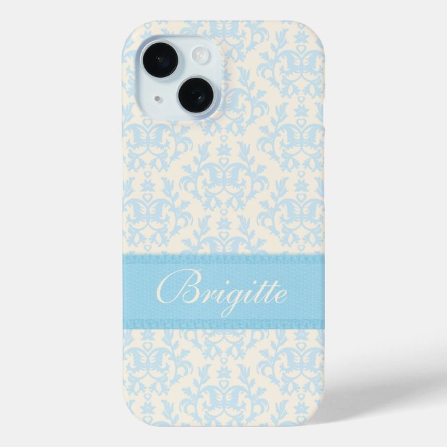 Named damask light blue & cream iphone case (Back)