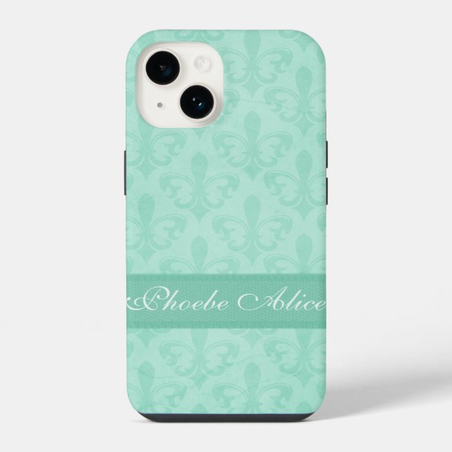 Named Fleur de Lis damask mint green  iPhone Case (Back)