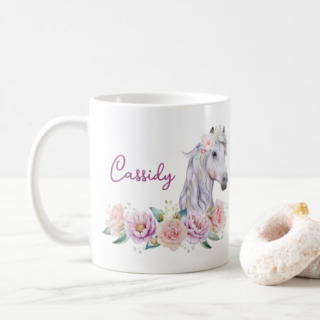 Named Floral Horse Coffee Mug (With Donut)
