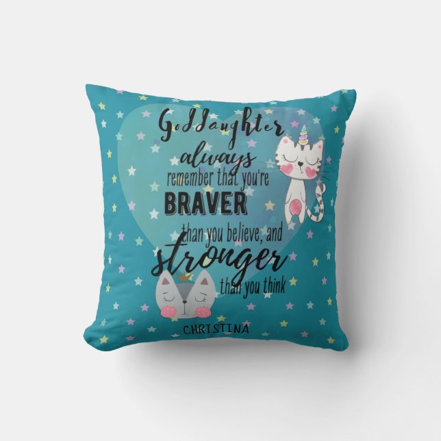 Named GODDAUGHTER Motivational Quote Cute Cat Teal Throw Pillow (Front)