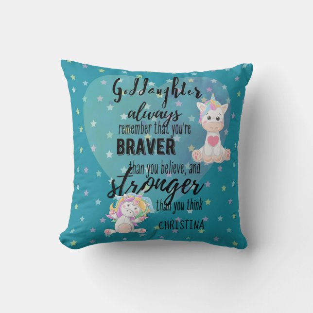 Named GODDAUGHTER Motivational Quote Unicorn Teal  Throw Pillow (Front)