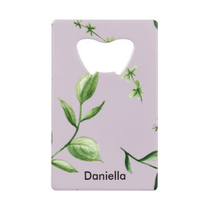 Named Green Florals on Purple Credit Card Bottle Opener