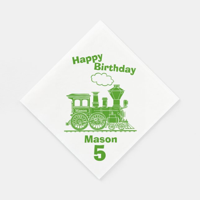 Named green train boys 5th birthday napkins (Corner)