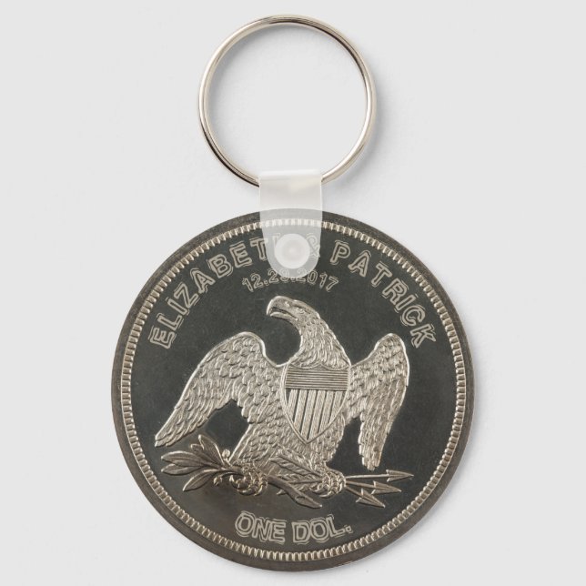 Named Silver 1865 Dollar Wedding Or Anniversary Keychain (Front)