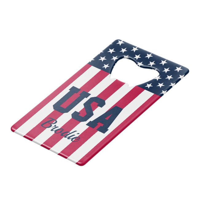 Named Stars Stripes Credit Card Bottle Opener (Front Angled)