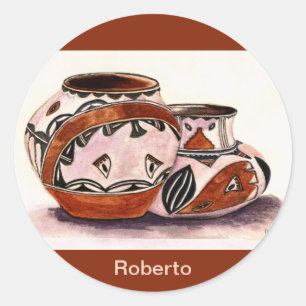 Named Watercolor Native American Pottery Art  Classic Round Sticker