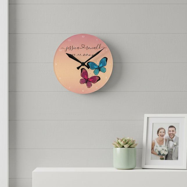 Names and Date Wedding Gift Personalized Rose Gold Round Clock (Stylish personalized wall clock for newlyweds. Rose gold chic and delicate butterflies.)