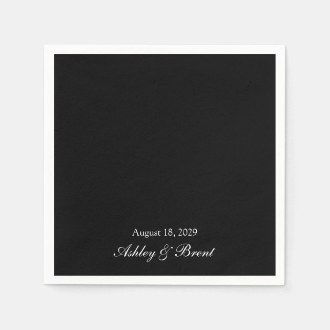 Names and Wedding Date Black and White Napkin (Front)