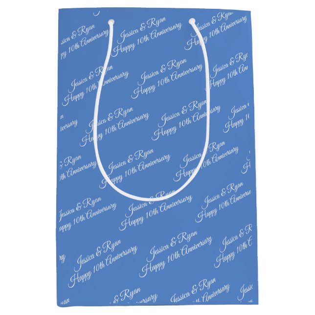 Names, Anniversary Year, White Script, Blue Medium Gift Bag (Front)