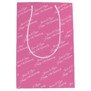 Names, Anniversary Year, White Script, Pink Medium Gift Bag