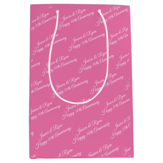 Names, Anniversary Year, White Script, Pink Medium Gift Bag (Front)