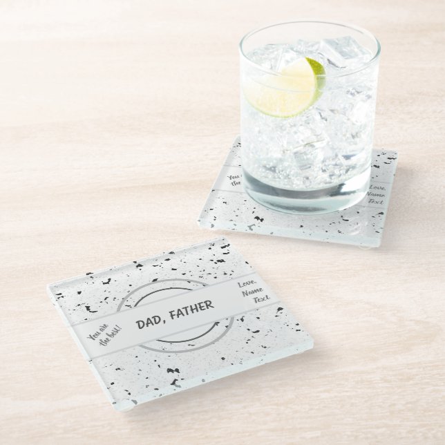 Names, Black Grey Chips Terrazzo Pattern Masculine Glass Coaster (Angled)