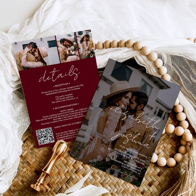 Names calligraphy red 4 photo all in one wedding invitation (Names calligraphy red burgundy  4 photos all in one wedding invitation)