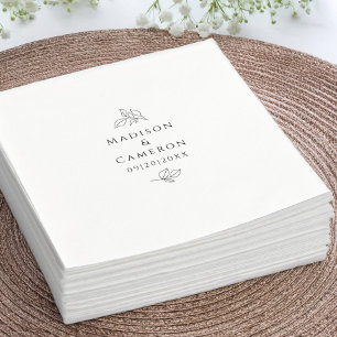 Names & Date Elegant Wedding Leaves Black & White Napkin